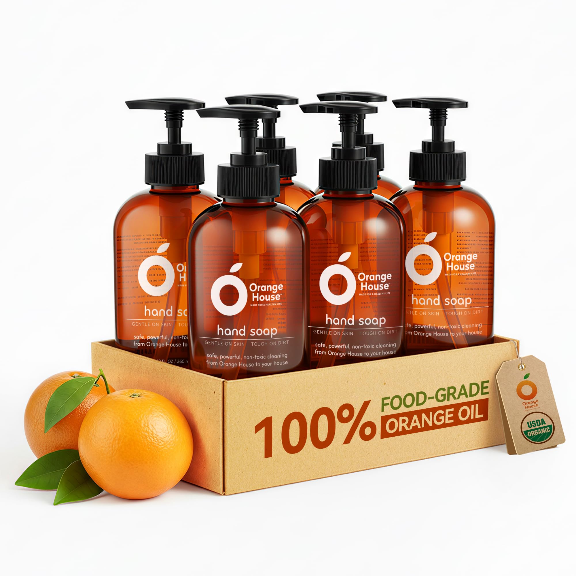ORANGE HOUSE Natural Liquid Hand Soap, Food-Grade Orange Oil Moisturizing Hand Wash, Plant-Based & Hypoallergenic, Gentle for Sensitive Skin, Non-Toxic Citrus Scented Soap, 12 Fl Oz (6 Pack)
