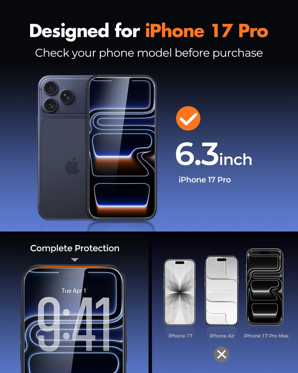 UNBREAKcable 3-Pack Screen Protector for iPhone 17 Pro Tempered Glass