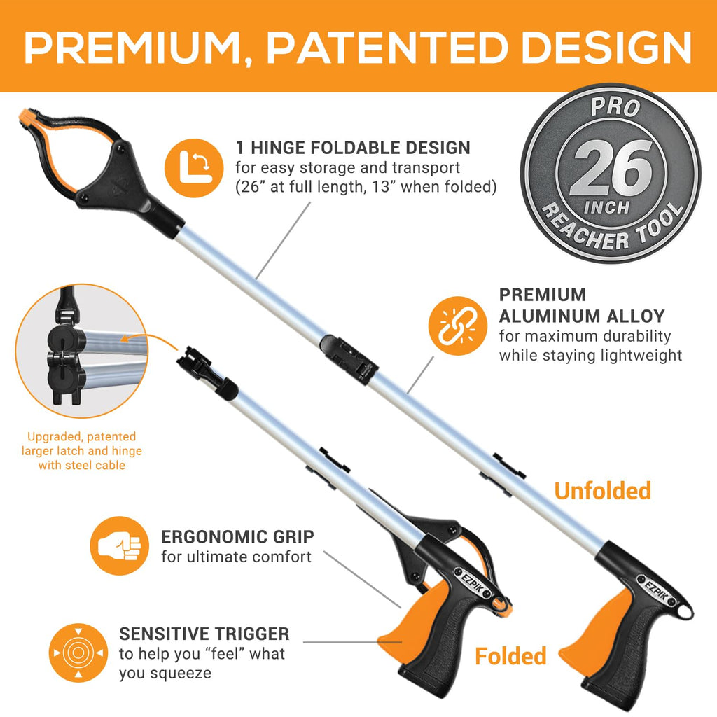 EZPIK Pro 26" Foldable Grabber Reacher Tool for Seniors - Grabbers for Elderly Reaching Tool Heavy Duty Pickup Trash Picker Upper Equipment - Claw Grabber Stick for Reaching Aids, Weed Gripper