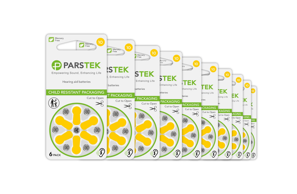 ParsTek Hearing Aid Batteries | Size 10 | Zinc-Air & Mercury Free | Long Lasting | Child Resistant Packaging | 1.45V | 60 Batteries