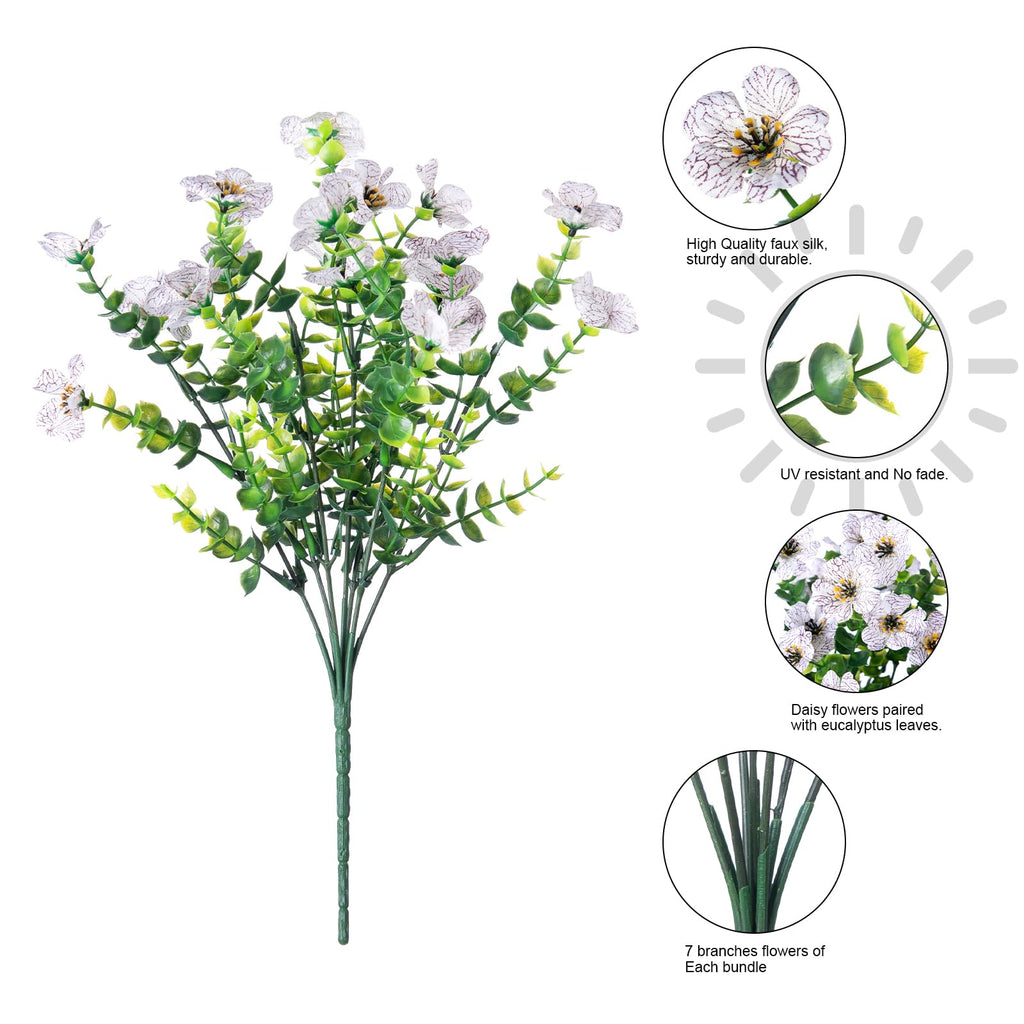 HyeFlora Artificial Flowers for Outdoor Indoor Garden Home Decoration, Faux Flower Daisy with Eucalyptus Leaves Fake Plants Greenery Boxwood Porch Patio, 12 Bundles (Creamy White)