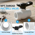 Boltigen 2Pack 1-1/2 inch NPT PVC Ball Valves, 1.5''Double Female NPT Threaded PVC Shut Off Valve with Full Flow Port, SCH40 Plastic Water Control Valve, for Swimming Pool, Irrigation, Sewage Pipes