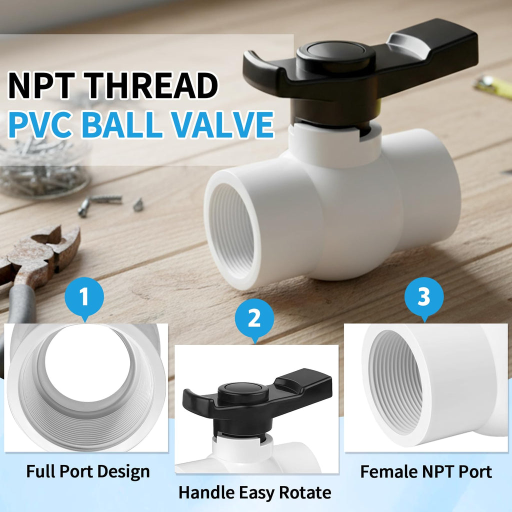 Boltigen 2 inch PVC Ball Valve Threaded, 2Pack Double Female NPT PVC Shut Off Valves with Full Flow Port, SCH40 Plastic Water Control Valve, for Swimming Pool, Agricultural Irrigation, Sewage Pipes