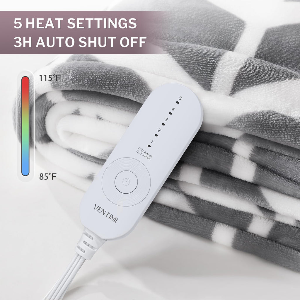 VENTIMI Heated Throw Blanket, 5 Heat Levels & 3 Hours Auto Off, Grey