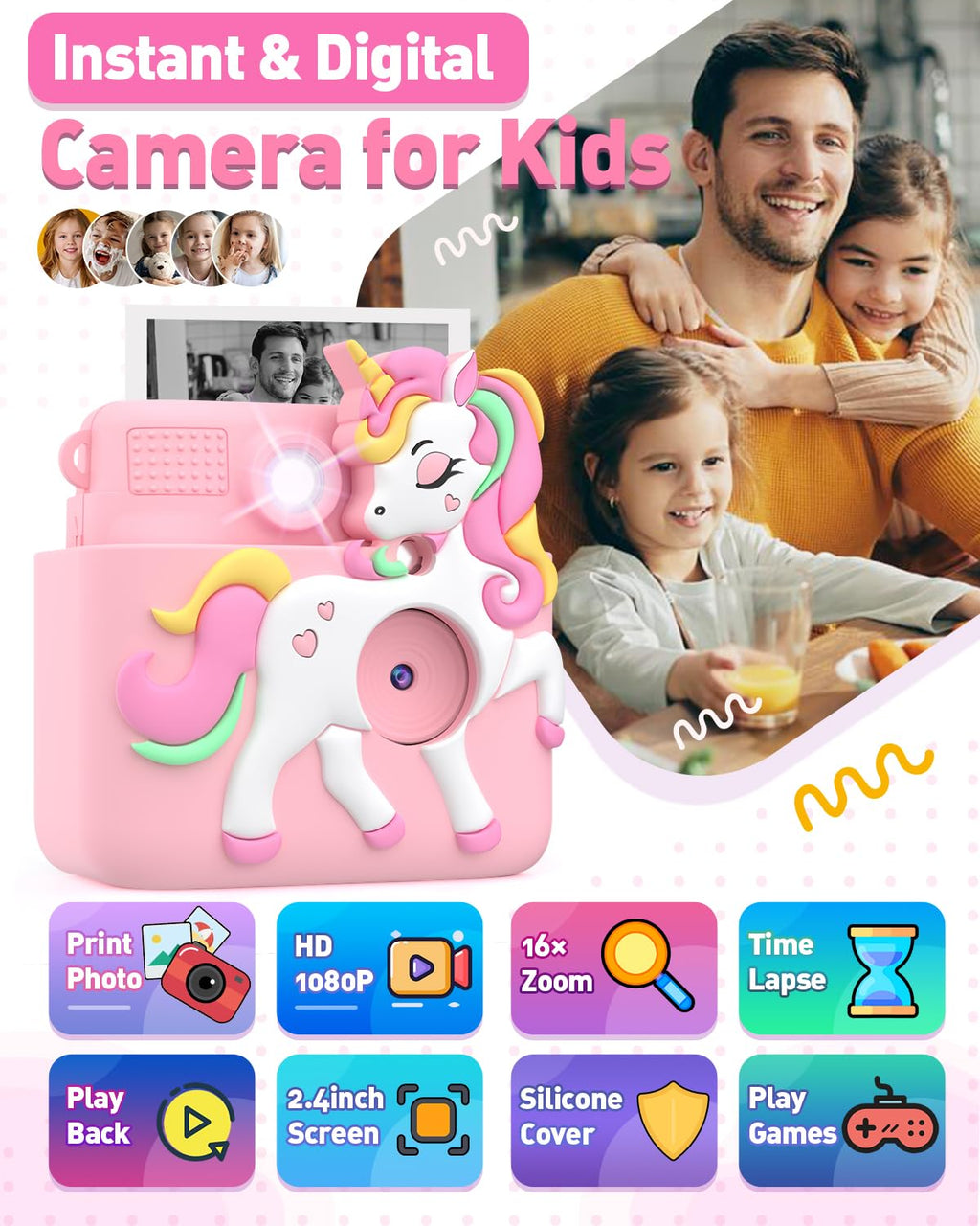Kids Camera Instant Print,1080P Digital Camera Toy for 3-8 Girls