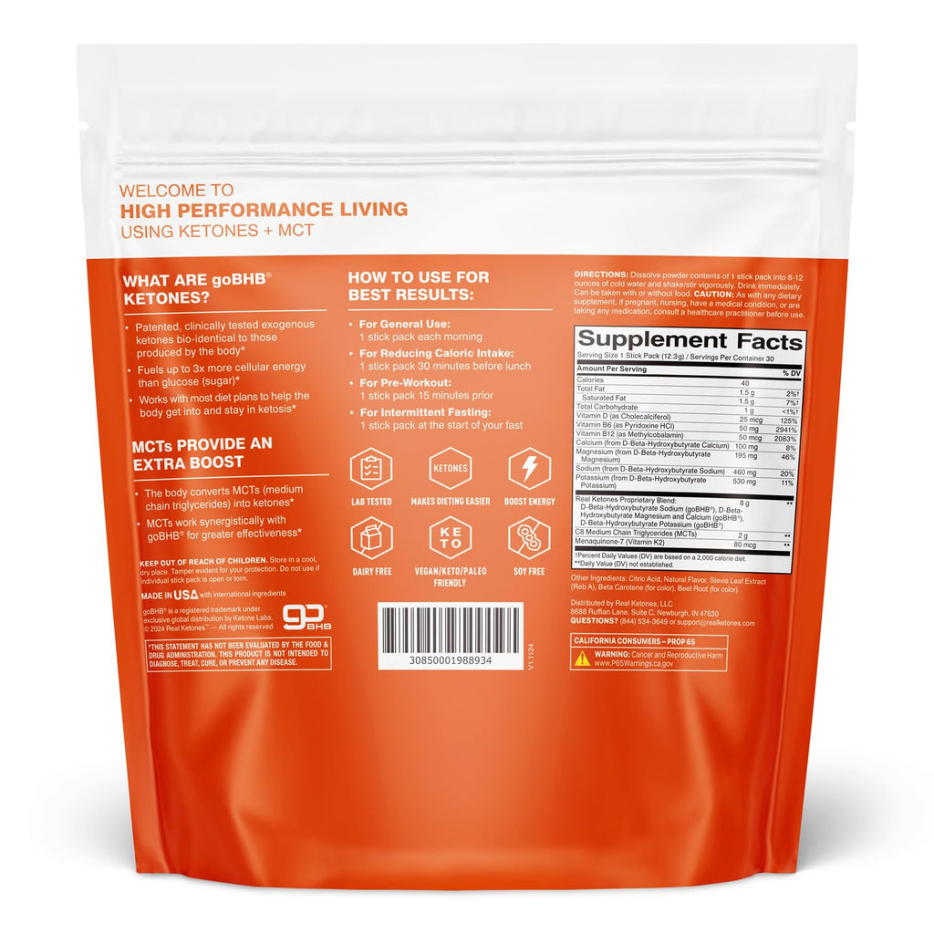 Real Ketones MCT & BHB Exogenous Ketones Drink Mix Packets Elevate Keto Electrolytes Powder Packets No Sugar with 4 Main Electrolytes Plus Hydrating Proprietary Keto BHB - 30 Pack Orange