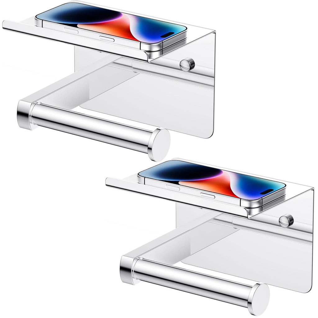 Toilet Paper Holder with Shelf, Adhesive or Screw Wall Mount Toilet Paper Roll Holder for Bathroom, Rustproof 304 Stainless Steel Toilet Roll Tissue Holder Dispenser with Phone Shelf (2, Chrome)