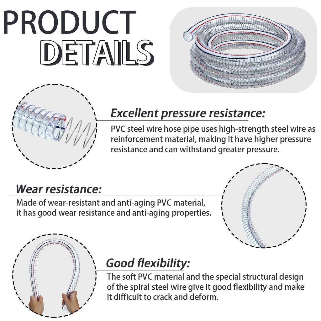 Frienda Heavy Duty Steel Wire Flexible Tubing with Fasteners PVC High Pressure Oil Drain Hose Tube Clear Wire Reinforced for Pond Marine Bilge Pump Garden Pool Vacuum Suction Hose(24.6 Ft, 1 Inch Id)