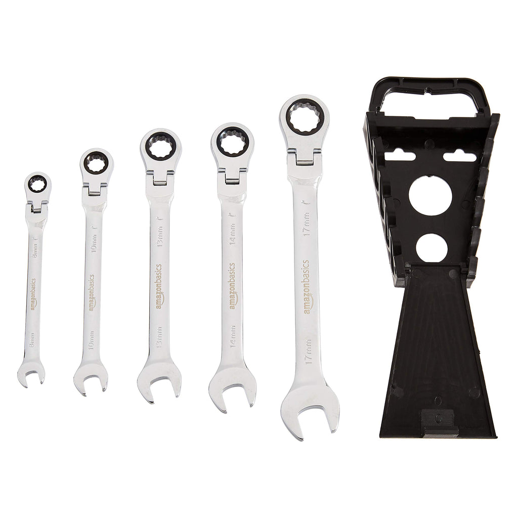 Amazon Basics 72-Tooth Ratcheting Combination Wrench Set, Chrome Vanadium Steel Flex Head, 5-Piece Metric, 180° Flexible