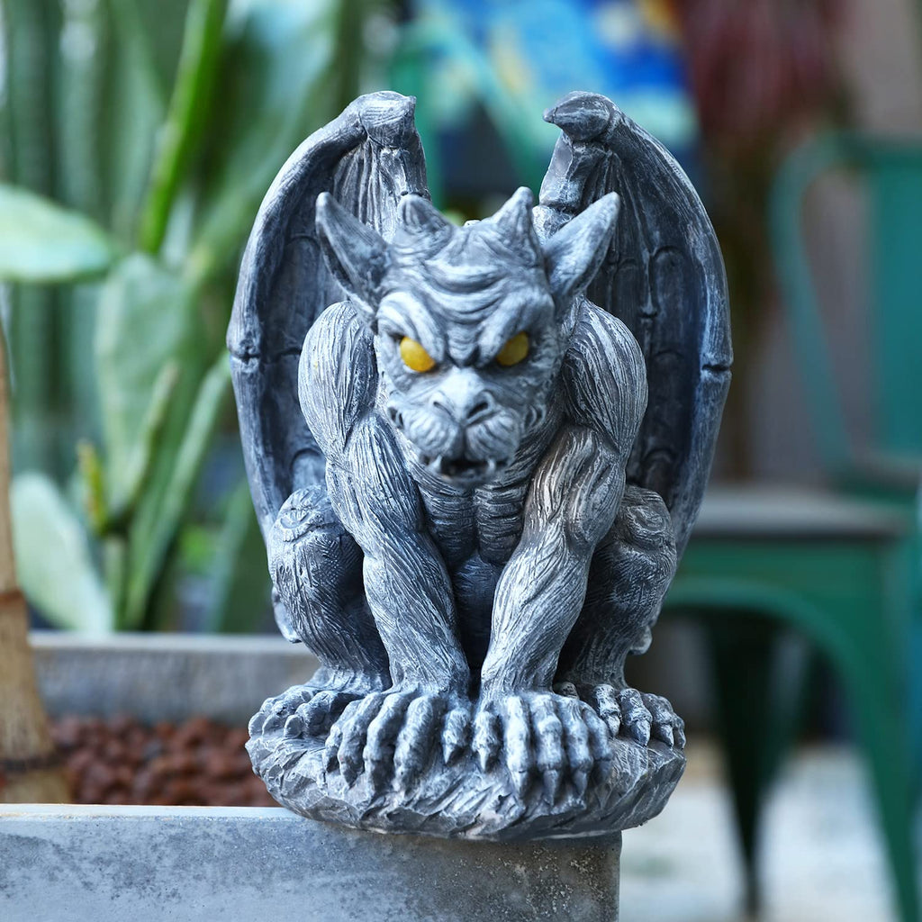 MIBUNG Large Winged Gargoyle Statue with Solar Lights Outdoor Decor, Sitting Gargoyle Monster Dragon Garden Guardian Gothic Creep Scary Sculpture, Patio Yard Lawn Decorations, Valentine's Day Gift