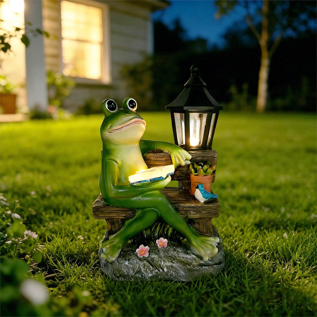 SAMPU Craft Reading Frog Solar Garden Statue with Lantern Light