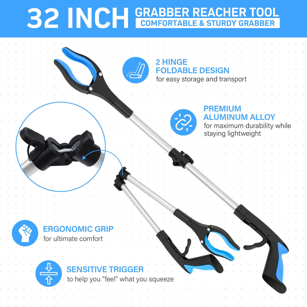 32" Grabber Reacher Tool – 3 Pack Foldable Reacher Grabber Pickup Tools for Seniors, Disabled, Trash Pickup, and Hard-to-Reach Areas, Ergonomic Grip & Lightweight Design（Orange Blue Pink）