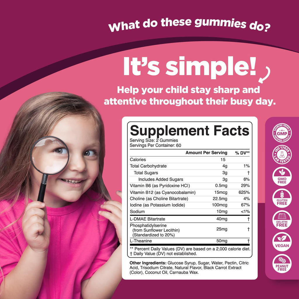 Phytoral Vegan Kids Focus Gummies - Potent Chewable Brain Support for Children - Enhances Concentration & Memory - Calming Supplements & Focus Gummies for Kids - Non-GMO & Gluten-Free - 120 Count