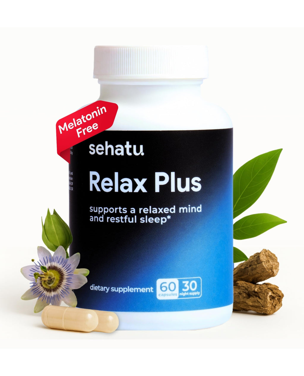 SEHATU Relax Plus Stress Relief Supplement | with GABA, L-Theanine, Ashwagandha, Valerian Root | Supports A Relaxed Mood and Restful Sleep | 60 Count | 30 Day Supply