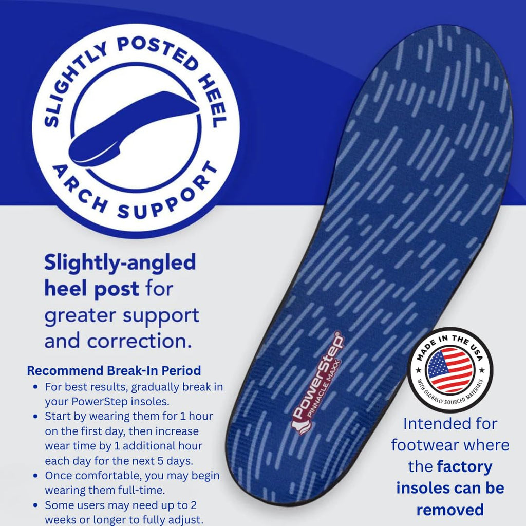 PowerStep Pinnacle Maxx Orthotic Insoles, Maximum Stability & Comfort, Firm & Flexible Angled Heel, Flat Feet & Overpronation, Heavy Duty Shoe Inserts for Men & Women, Made in USA (M 10-10.5, W 12)