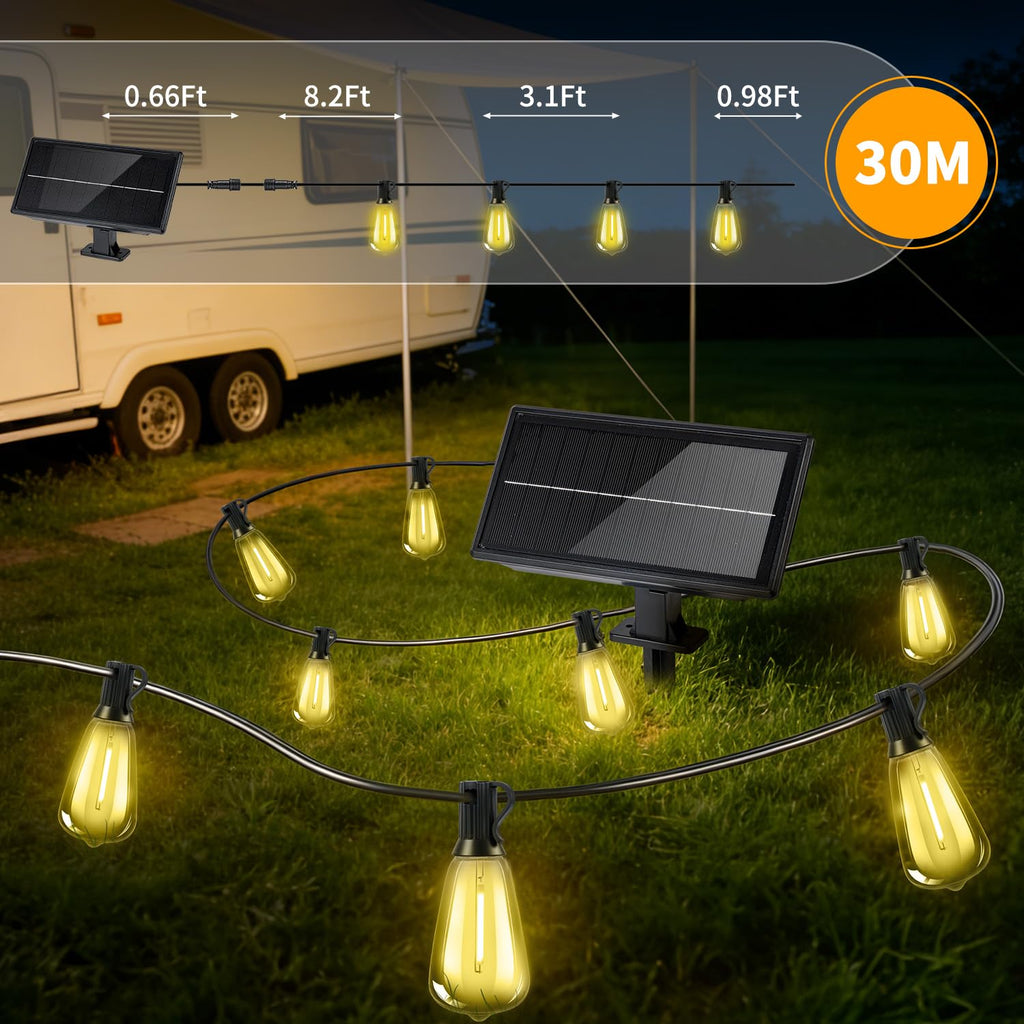 FUANXIEI Solar Lights Outdoor Waterproof: ST38 100FT 30M Shatterproof Bulbs Patio Lights - Solar Powered & USB Charging- Remote Control 3 Light Modes Dimmable Solar Light - Camping Backyard Garden