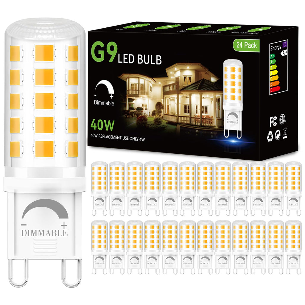 DAYBEETER 24 Pack Dimmable G9 LED Bulb 4W (40 Watt Equivalent), 3000K Soft Warm White, G9 Halogen Bulb,T4 G9 Bi-pin Base Light Bulbs for Chandelier,120V 450LM 360 Beam Angle No-Flicker G9 Bulb