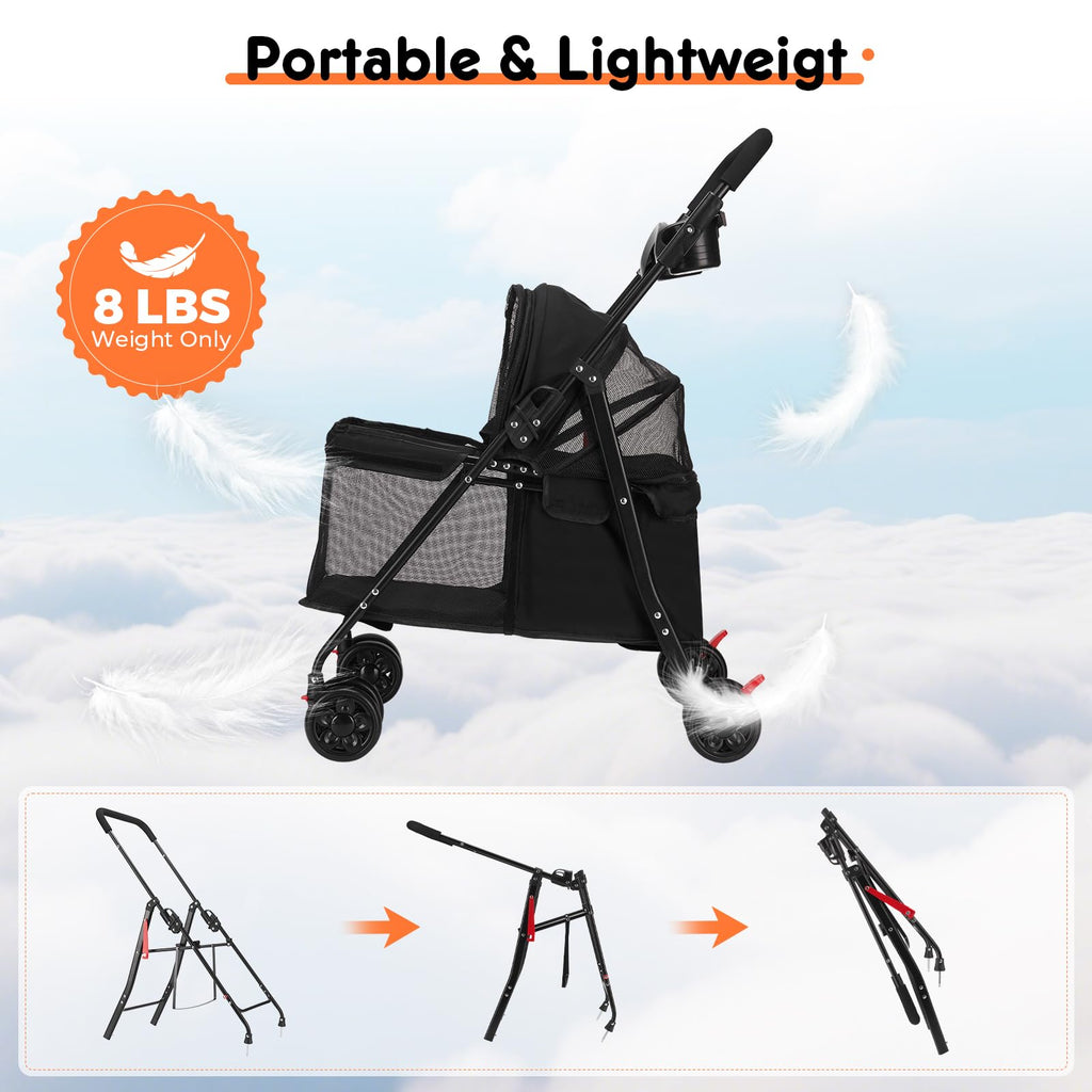 Foldable Pet Stroller for Small/Medium Pets up to 22 lbs - Lightweight 4-Wheel Design with Sun Canopy, Storage Bag & Breathable Mesh（Black