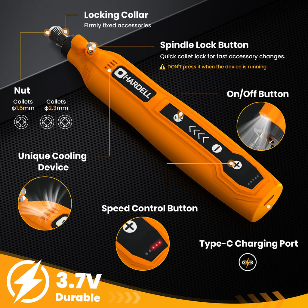 HARDELL Cordless Rotary Tool 3.7V with Universal Chuck, 5-Speed Mini Rotary Tool Kit with 71 Accessories, USB Charging, Multi-Purpose DIY Craft Tool for Sanding, Polishing, Drilling, Engraving(Orange)