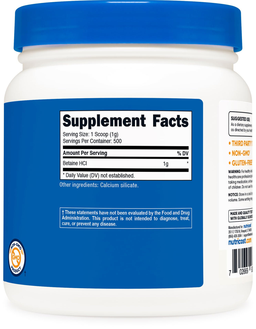 Nutricost Betaine HCl Powder 500 Grams - Gluten Free, Non-GMO
