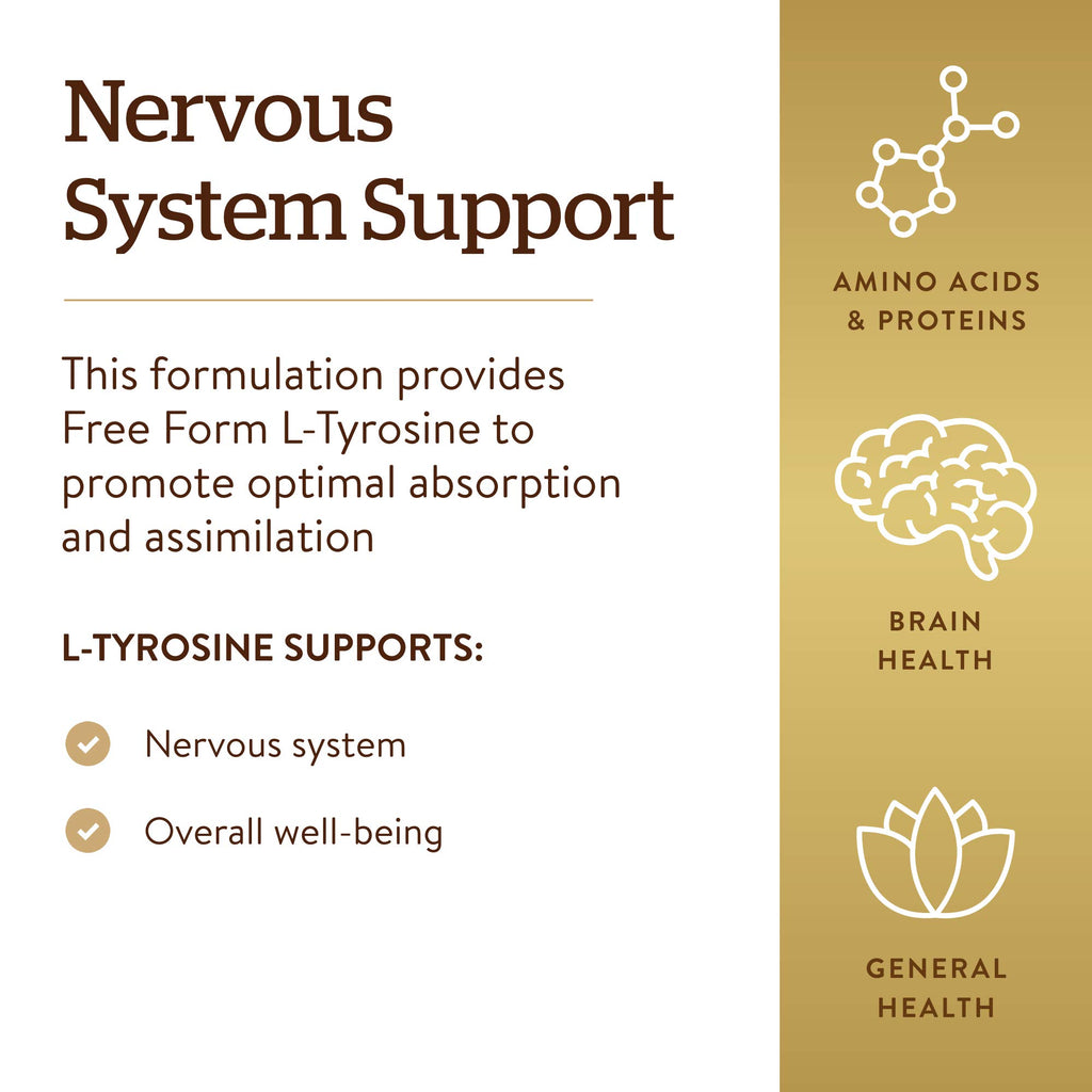 Solgar L-Tyrosine 500 mg, 100 Vegetable Capsules - Brain & Nervous System Support - Vegan, Gluten Free, Dairy Free, Kosher - 100 Servings