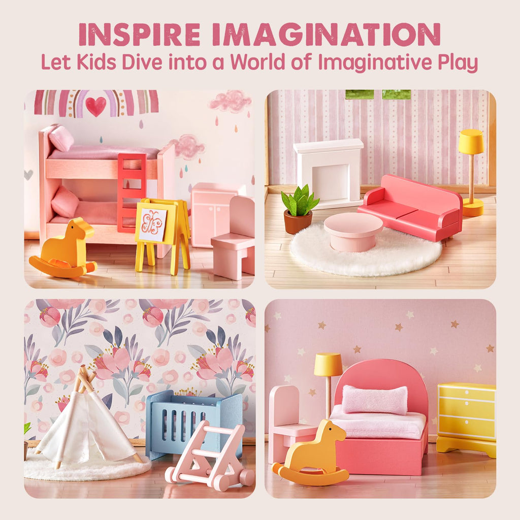 Tiny Land Wooden Dollhouse for Girls - 6 Rooms Wooden Doll House, DIY Pretend Doll House with 31Pcs Furniture Accessories, Creative Gift for Girl Ages 3+