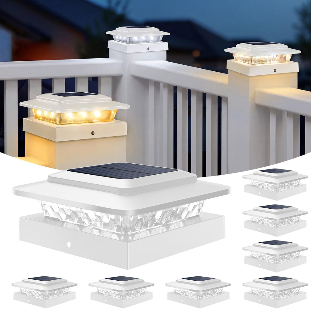 kolpop 4x4 Solar Post Cap Lights Outdoor 8Pack- 3 Color Temperatures&2 Level Brightness, IP65 Waterproof, 16 LED Fence Deck Post Light Solar Powered Only for 4×4/3.5×3.5 Wood/Vinyl Posts(White)
