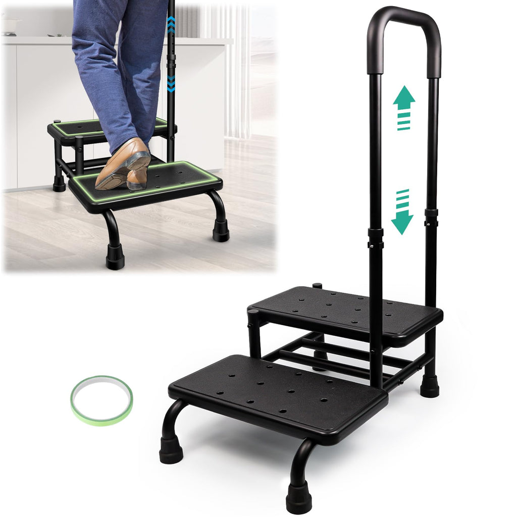 Gyykzz 2 Step Stool with Handle and Non-Slid Platform, Medical Step Stool with Adjustable Handrail for Adults, Seniors and Handicap, Heavy Duty Multifunctional Stepping Ladder Holds up to 400LBS