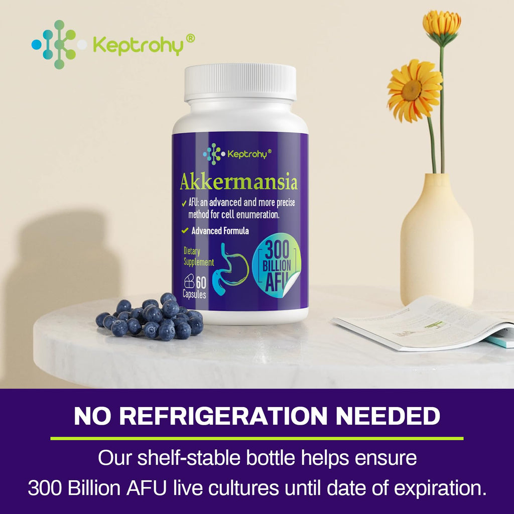 Keptrohy 300 Billion AFU Akkermansia Probiotic for Women & Men, Akkermansia Muciniphila for More Akkermansia Production, Digestive, Gut & Immune, Gut Digestive Lining Function, 60 Count