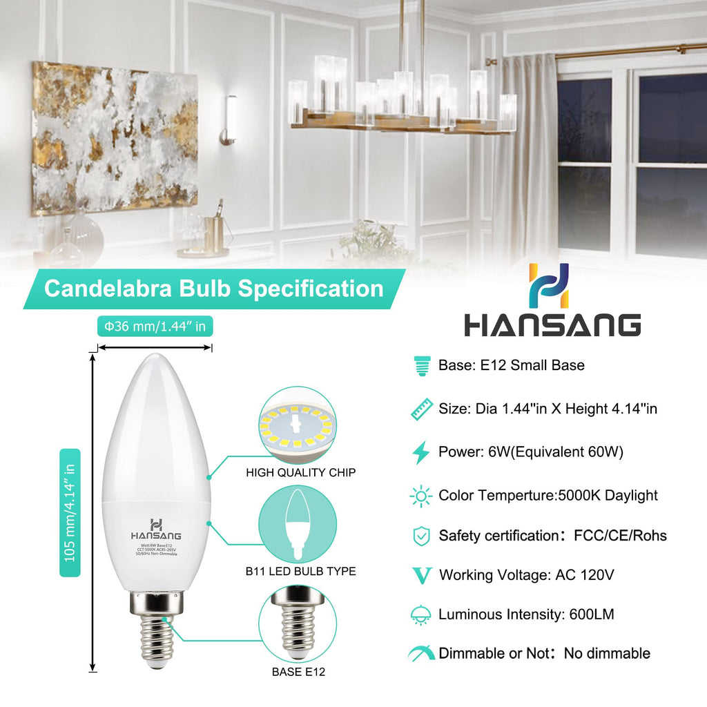 hansang E12 LED Ceiling Fan Light Bulbs 60W Equivalent 5000K Daylight
