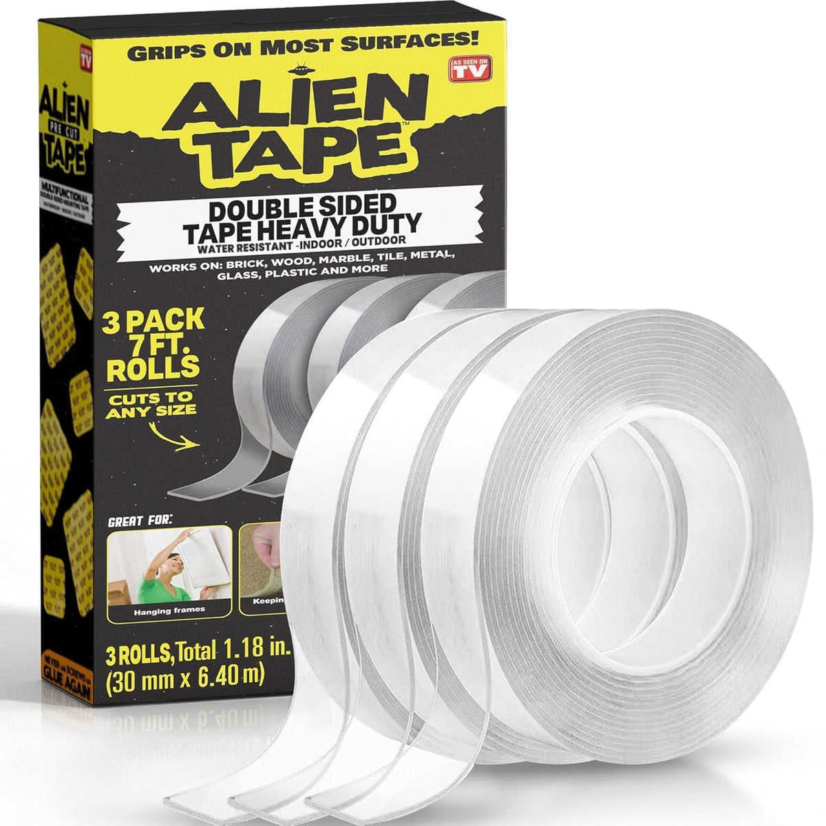 ALIEN TAPE Double Sided Tape Heavy Duty, Nano Tape, Double Sided Mounting Tape, Heavy Duty Double Sided Tape for Walls, Wall Tape, Clear Adhesive Tape for Poster Photo Wall Décor As Seen on TV 30 Feet