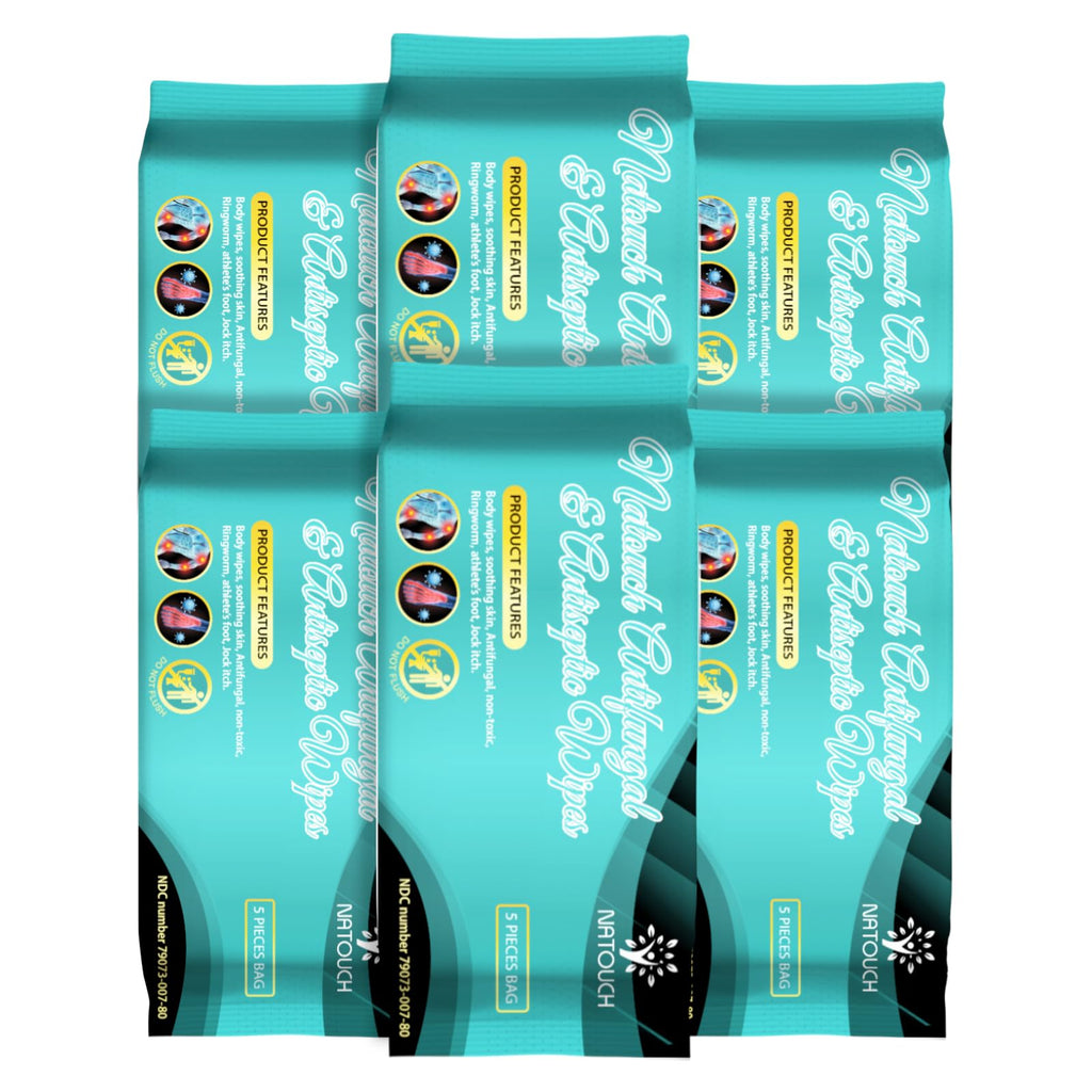 Natouch Antifungal Body Wipes, 30 Counts(6 Packs of 5) Travel Wipes, Non-Toxic Skin Camp Wipes Help Athletes Foot, Jock Itch, Ringworm. Rinse Free Gym Wipes for Wrestling, Martial Arts