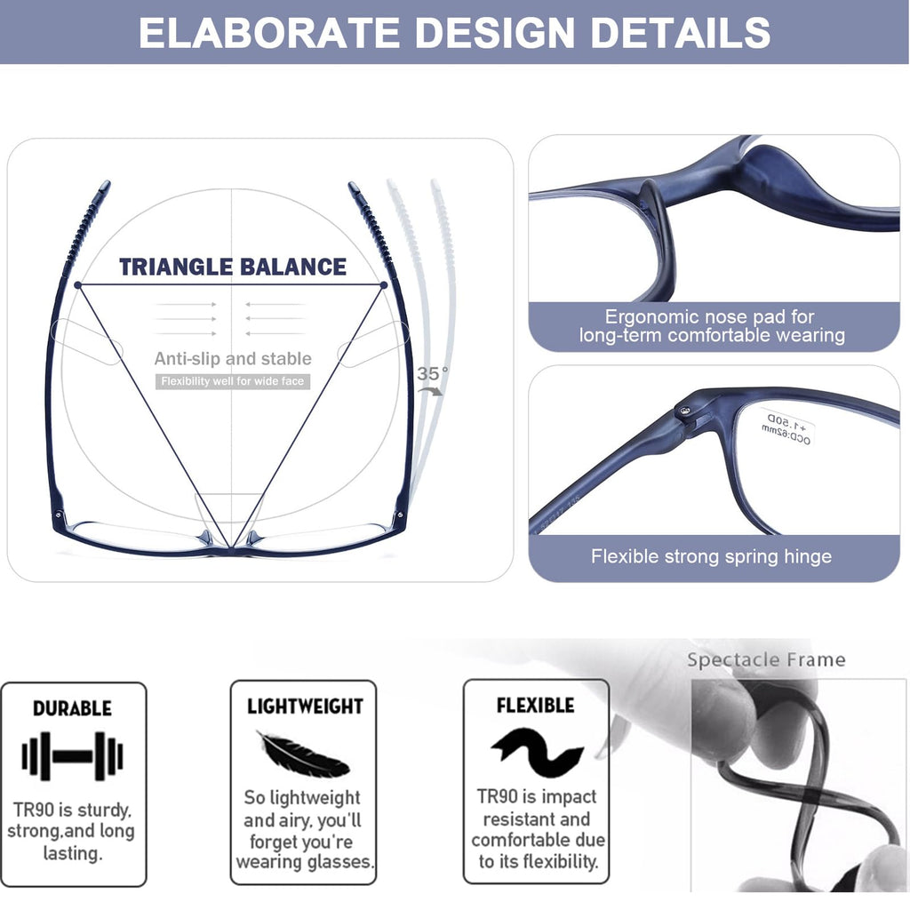 AQWANO 1.5 Reading Glasses for Men Women, Blue Light Blocking Computer Readers, 4 Pack TR90 Flexible Unbreakable Frames Lightweight Cheaters