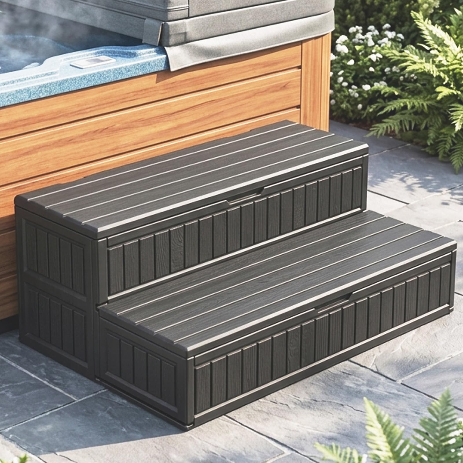 ROMIVO Hot Tub Steps with Storage Extra Wide, 2-Step Spa Stairs - Non-Slip Heavy Duty 500 lbs, Easy Assembly, Slip-Resistant, Universal for Hot Tub, RV, Camper, Pool Deck & Bath - Fits Any Size, Black