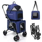 Petmolico Double Pet Stroller for 2 Cats/Dogs Strollers,2 Detachable Cat Carrier,No-Zip Double Pet Travel Storller for Small/Medium Dogs(Blue&Black)