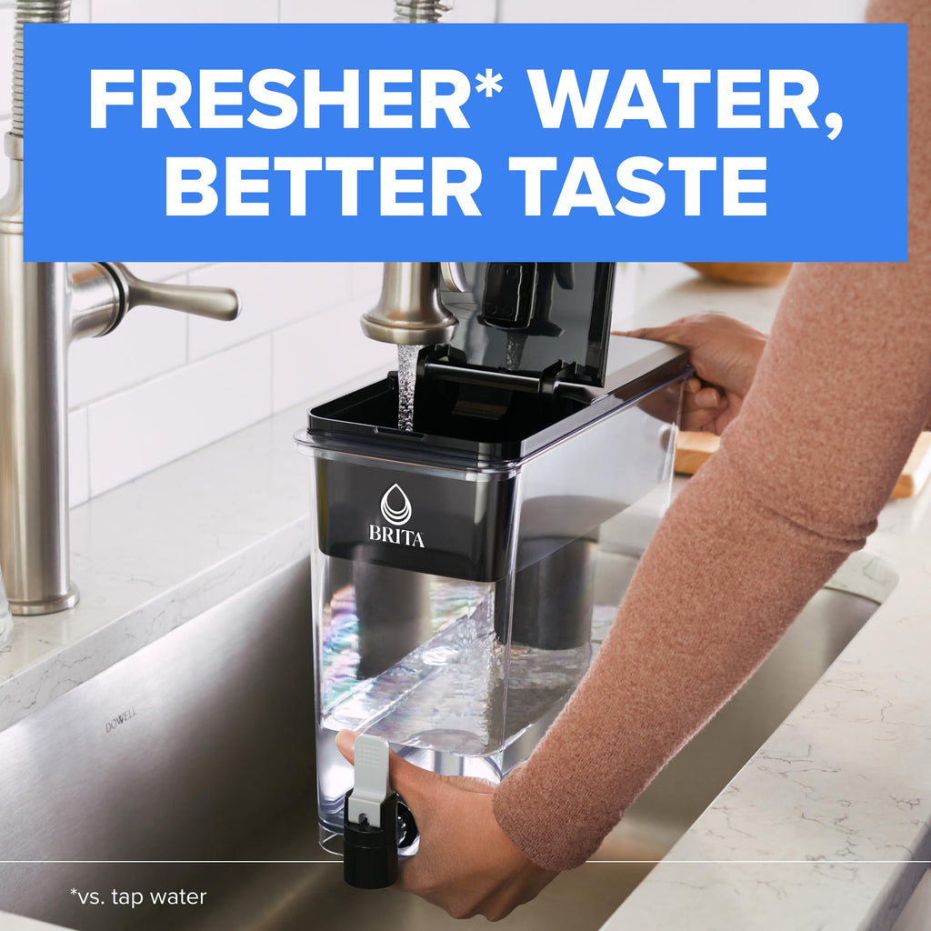 Brita Extra-Large 27-Cup Water Dispenser with BritaPlus Filter, WQA NSF/ANSI Certified, Reduces 2X Contaminants vs. Standard, Reduces Chlorine, Zinc, Copper, Mercury & More, 1 Filter Included, White