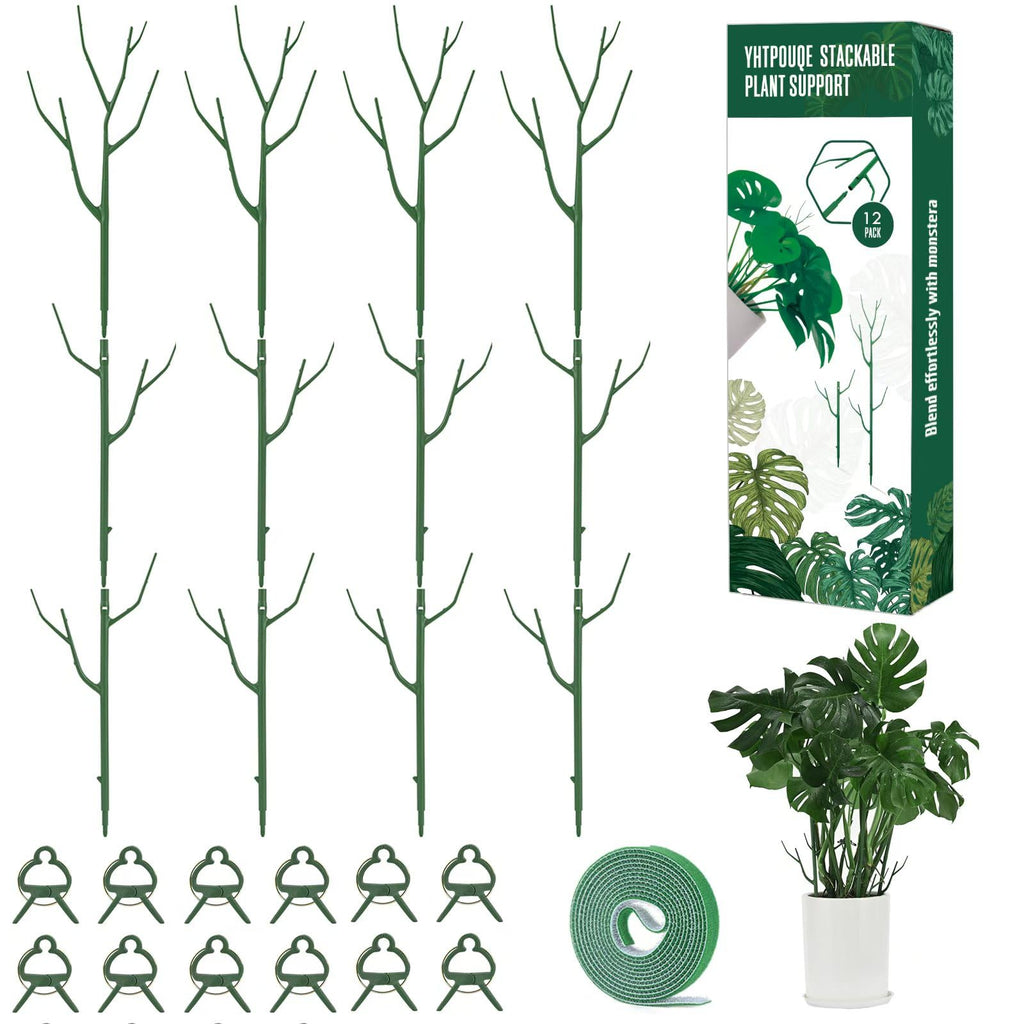 Yhtpouqe 12 Pack Plant Support Stakes, Plant Stakes for Indoor and Outdoor Plants. 39.37inch Plant Sticks with Extension Poles, Plant Clips, Plant Ties for Potted Monstera Plants, Climbing Plants