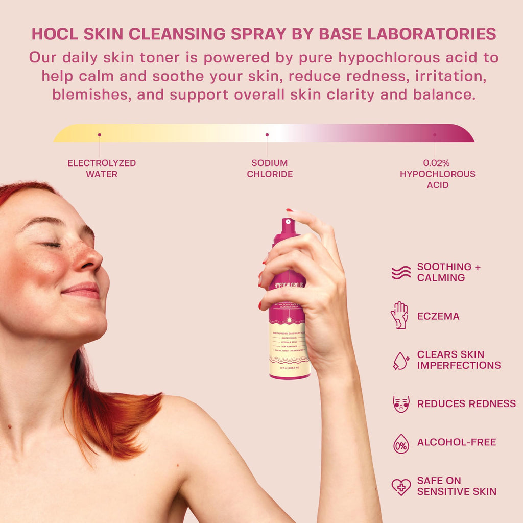 "BASE LABORATORIES Hypochlorous Acid Spray for Skin & Face | Healing HOCL Molecule Spray | for Wounds, Irritations, Redness, Facial Cleanser, Acne & Eczema Treatment | 240ml"