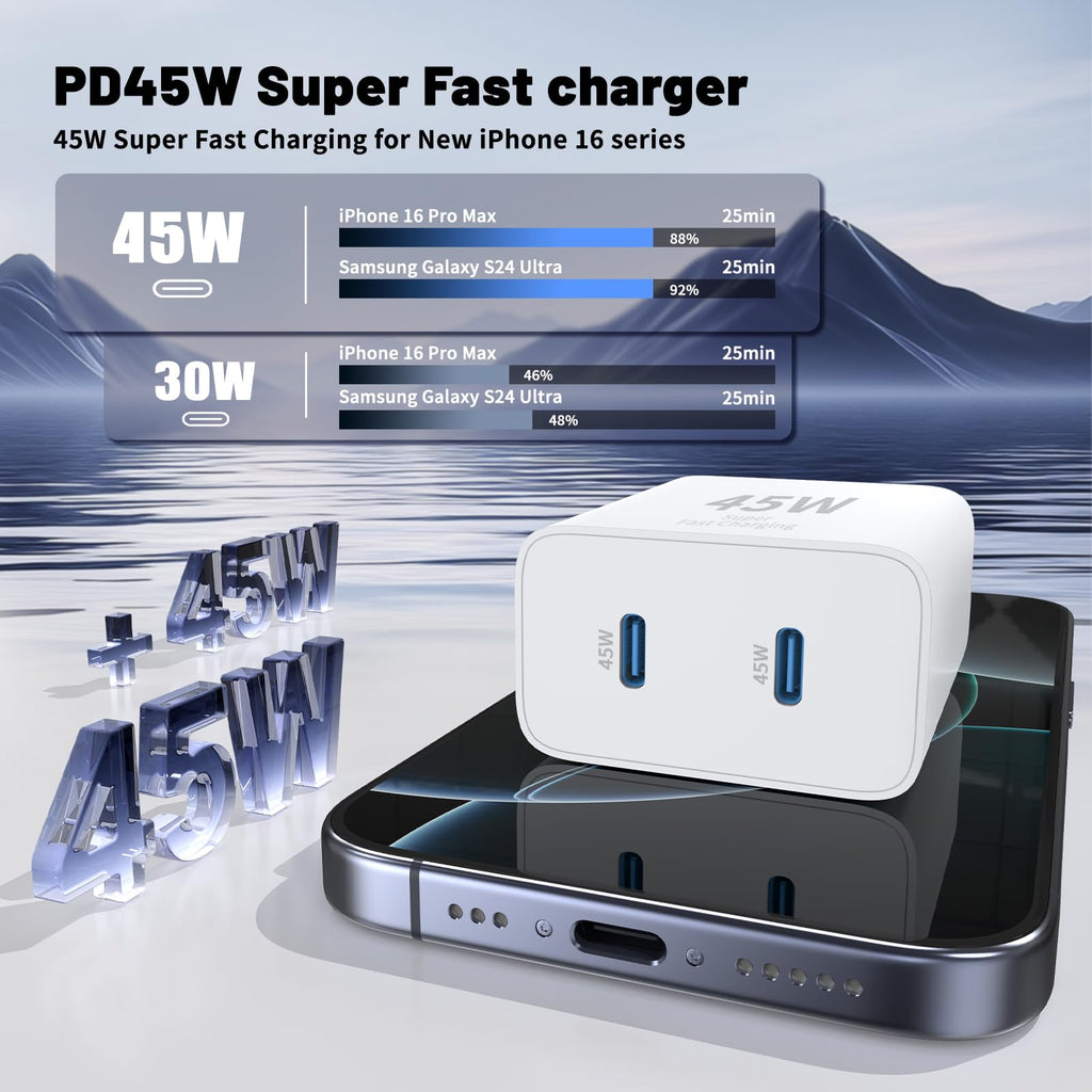 QZIIW iPhone 18 17 16 Pro Max Fast Charger,45W Dual Port USB C Fast Charger