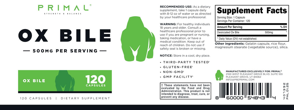 Primal Ox Bile (500mg) 120 Capsules, Gluten-Free, GMO-Free