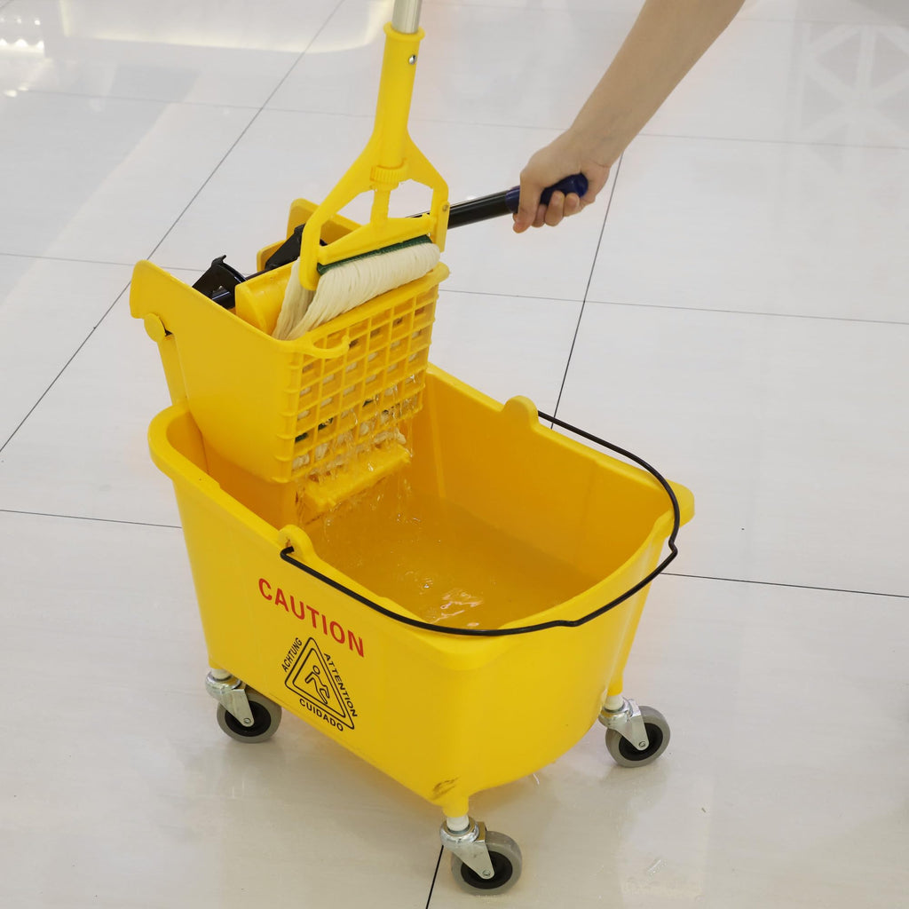 Midoneat Commercial Mop Bucket with Side Press Wringer on Wheels, Including One Commercial Mop, 35 Quart, Yellow