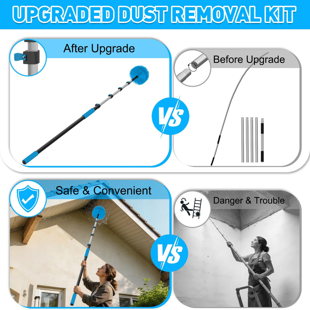 26FT Reach Cobweb Duster with Extension Pole - Spider Web Brush for Cleaning with 5-20FT 4-Section Flip-Lock Telescopic Pole, Effortlessly Cleans High Indoor & Outdoor Webs