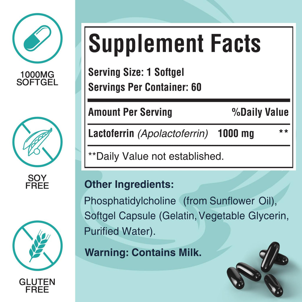 Pepeior Liposomal Bovine Lactoferrin 1000 mg - for Iron Absorption & Immune Function Lactoferrin Supplements for Adults, 60 Softgels (2 Bottle)