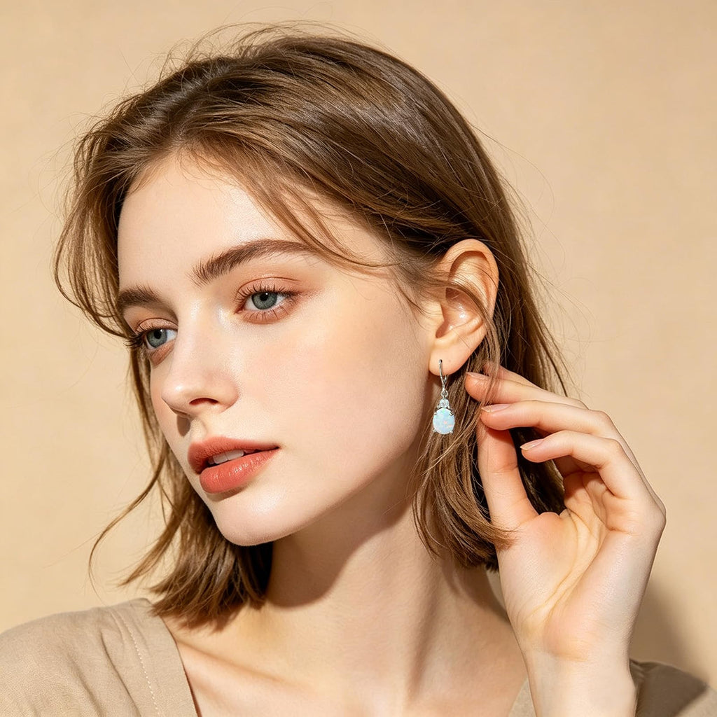 Gemsme 18K White Gold Plated Created Opal and Cubic Zirconia Dangle Earrings for Women