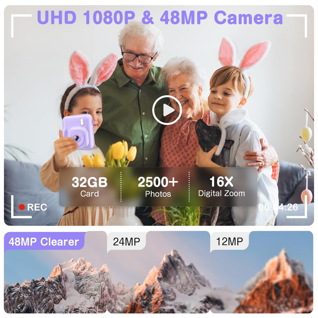 Kids Camera Instant Print, Dual-Lens 48MP Digital Camera,Purple,Aasonida