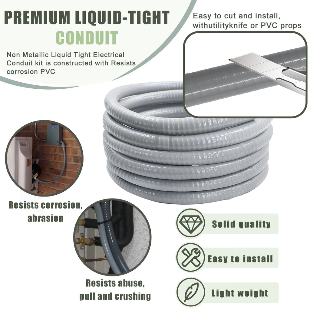 Feotech Liquid-Tight Conduit and Connector Kit - 3/4 Inch 50 FT Non Metallic Liquid Tight Electrical Conduit with 5 Straight and 5 Angle Fittings