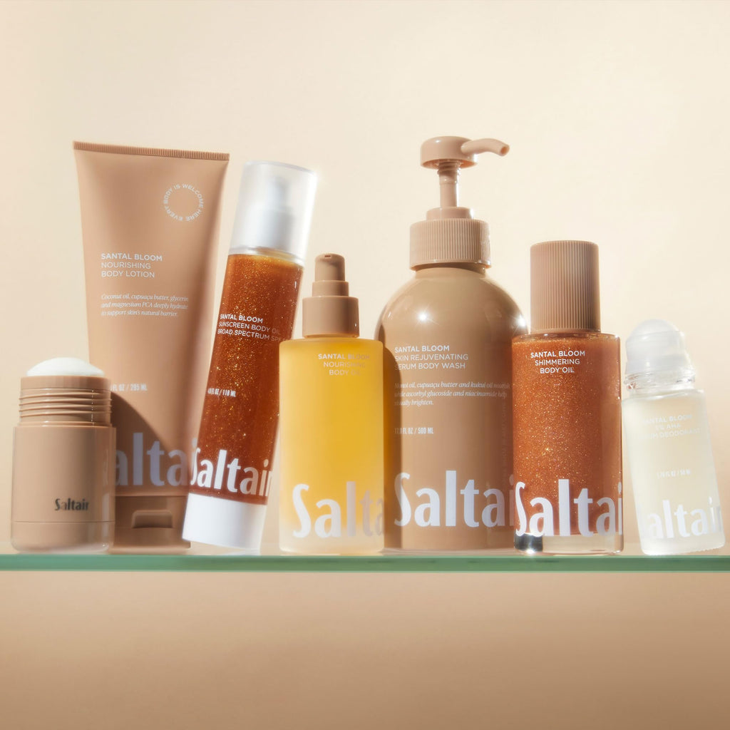 Saltair Body Oil - Luxurious Santal Bloom After Shower and Bath Oil for Women and Men. Botanical, Non-Greasy, Well-Absorbing Moisturizer for Hydrating Dry Skin – 4oz Pump Bottle