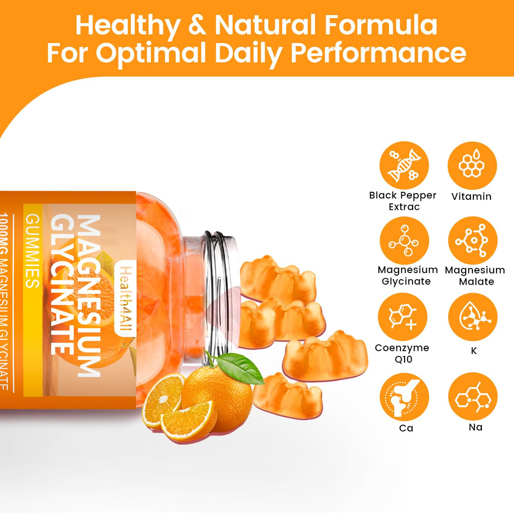 Magnesium Glycinate Gummies 1000mg, High Absorption Sugar Free Magnesium Potassium Supplement for Relaxation, Stress Relief, and Sleep Support for Adults & Kids - 180 Orange Gummies