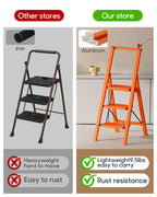 HillhutApex 3 Step Foldable Aluminum Step Ladder with Handgrip, Anti-Slip Pedal, 330 lbs Capacity, Lightweight & Portable for Home, Kitchen, Office, Garage (Orange)