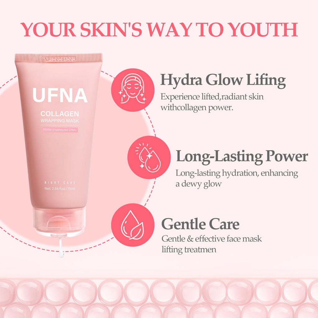 UFNA Collagen Face Mask - Overnight Wrapping Mask - Facial Firming, Elasticity & Hydration - Hydrolyzed Sodium + Panthenol +Niacinamide for Reduce Dullness & Promote Smoother Skin Texture - 75ml